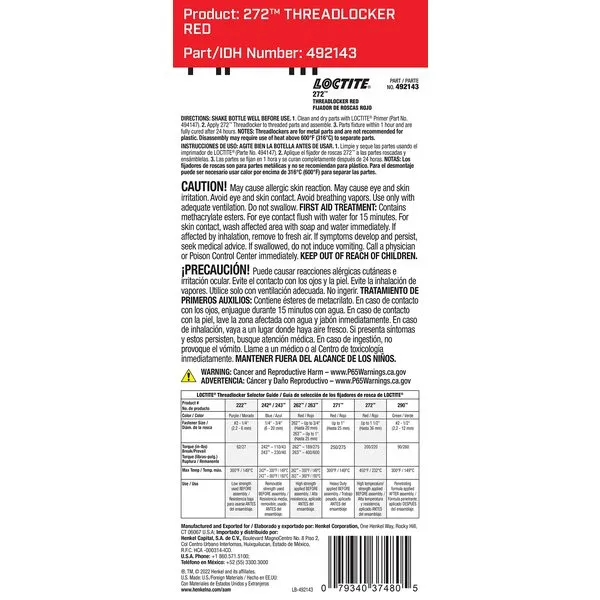 Loctite 272 Threadlocker for Automotive: High-Strength, High-Temperature, Anaerobic, Heavy-Duty Applications, Works on All Metals | Red, 36 ml Bottle (PN: 37480-492143)