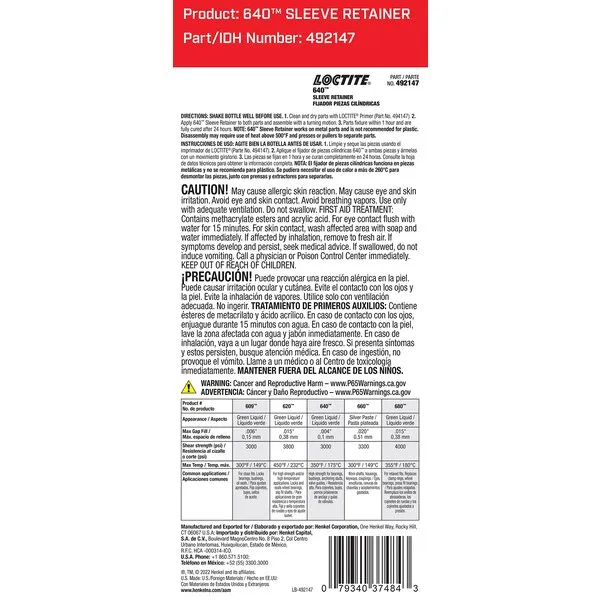 Loctite 640 High-Strength Sleeve Retainer, High-Temperature, Anaerobic Adhesive, for Large Diameter Components, Active Metals, Prevents Surface Corrosion | Green, 36 ml Bottle (PN: 492147)