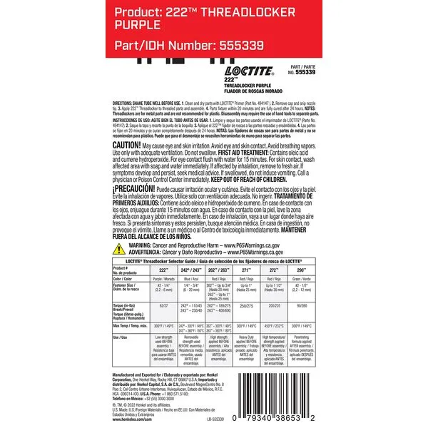Loctite 222 Threadlocker for Automotive: High-Temperature, Low-Strength, Anaerobic, One-Piece Assembly, Non-Corrosive, Locks and Seals | Purple, 6 ml Tube (PN: 38653-555339)