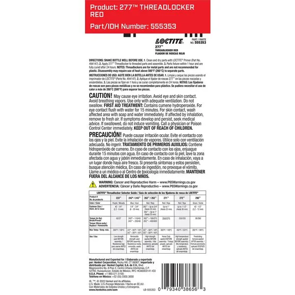 Loctite 277 Threadlocker for Automotive: High-Strength, High-Temperature, Fluorescent, Anaerobic, for Large Threads, Works on All Metals | Red, 36 ml Bottle (PN: 38656-555353)