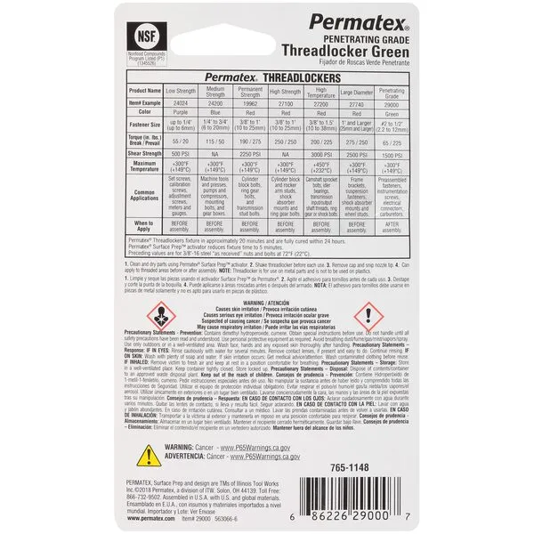 Permatex 29000 Penetrating Grade Threadlocker Green, 6 ml