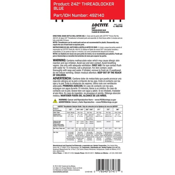 LOCTITE 242 Threadlocker for Automotive: High-Temp, Medium-Strength, Anaerobic, All Purpose TYPICAL APPLICATIONS, Works on all Metals| Blue, 36 ml Bottle (PN: 37477 - 492140)