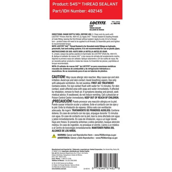 Loctite 545 Pneumatic/Hydraulic Pipe Thread Sealant, High Lubricity, High Pressure, No Fillers, Solvent Resistance, for Fine Threaded Fittings | Purple, 36 ml Bottle (PN: 492145)