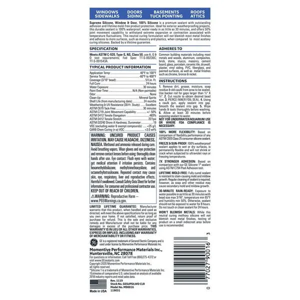 GE M90016 Supreme Silicone Window & Door Sealant, 10.1oz, Clear