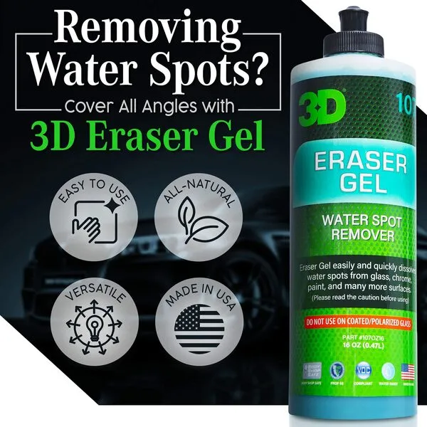 3D Eraser Gel Hard Water Spot Remover - 16 oz. - Hard Water Stain Remover for Cars, Glass, and Paint - All Natural Shower Door Cleaner - Cleans Mirrors, Windows, Chrome Surfaces, and More