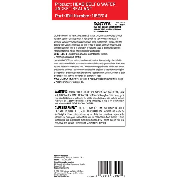 LOCTITE 1158514 Head Bolt and Water Jacket Sealant: Thread Selant, Single Component Anaerobic Hybrid, Eliminates Corrosion, Prevents Premature Loosening | 50 ml. Tube