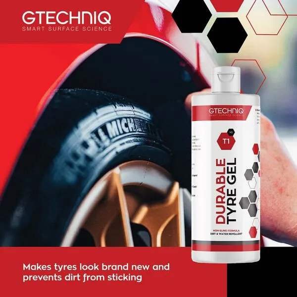 Gtechniq T1 Durable Tyre Gel for Car Tyre Shine, Car Wheel Cleaner Repels Water, Dirt and Grime, Restores Tyre Black Finish, Anti-Sling Formula, 100% Biodegradable, 1L