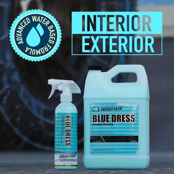 Nanoskin BLUE DRESS Premium Dressing - Sprayable Interior & Exterior Dressing| Works on Tire, Vinyl, Rubber, Plastic & Trim | Safe for Cars, Trucks, Motorcycles, RVs, Light Blue, 128 Fl Oz (Pack of 1)