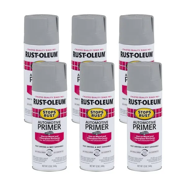 Rust-Oleum 2081830-6PK Stops Rust Automotive Spray Primer, 12 oz, Light Gray, 6 Pack