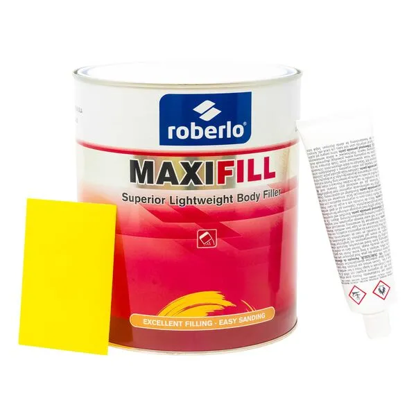 Roberlo Maxifill Superior Lightweight Body Filler - Ultra Lightweight & Paintable for Car Repairs - Adheres to Fiberglass, Metal, Plastic & More - Ideal for Dents & Scratches - 3 Liters + Hardener