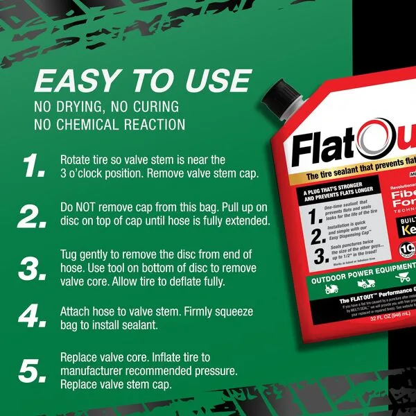 Flat Out Off Road Tire Sealant, Outdoor Power Equipment Formula, Prevents Flat Tires, Fix a Flat Tire, Seals Leaks, Contains Kevlar, 32 Ounce Bag, 1-Pack