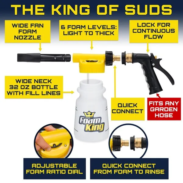 Clean Car USA Foam King™ Foam Gun Car Wash Sprayer - Connects to Garden Hose - Ultimate Scratch Free Cleaning - Snow Foam Blaster - Foam Cannon Car Washing Kit
