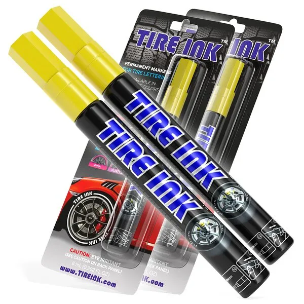 Tire Ink | Paint Pen for Car Tires | Permanent and Waterproof | Carwash Safe (2 Pens, Yellow)
