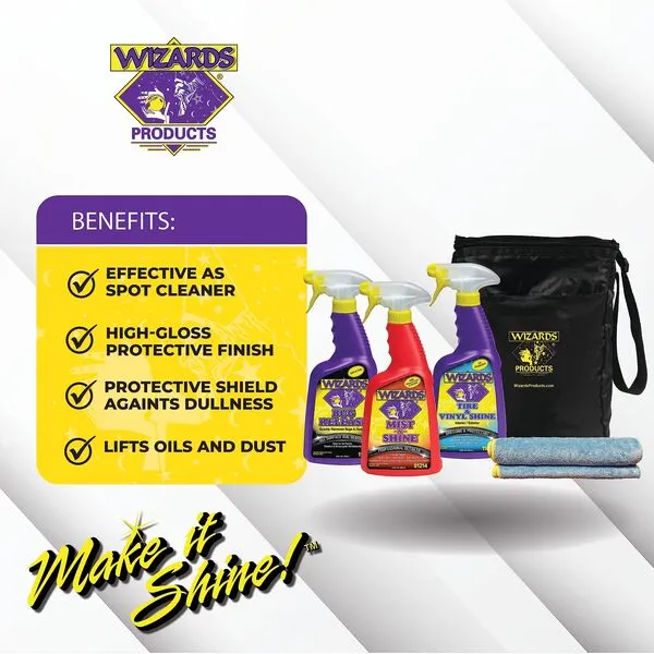 Wizards 5 Piece Car Detailing Kit - Beginner Friendly Professional Car Detailing Kit - Car Accessories for Men - Comes with a Microfiber Towel, Storage Bag and 22 oz Spray Bottles