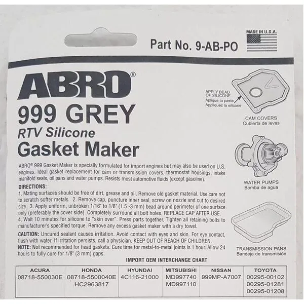 ABRO Ultra Plus 999 RTV Silicone Sealant and Gasket Maker, for Import Engines, Sensor Safe, Non-Corrosive, High Temp Silicone Sealant/Head Gasket Sealant, 650 Degrees F, 3 oz. Tube - Black