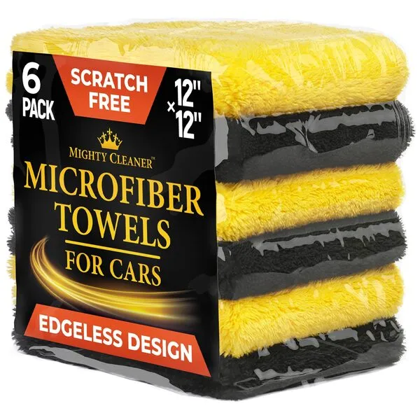 Edgeless Microfiber Towels for Cars – 6pk (12”x12”) - 540 GSM - Super Soft Drying Towels Car Detailing & Buffing – Scratch-Free - Absorbent Microfiber Cleaning Cloths for Cars