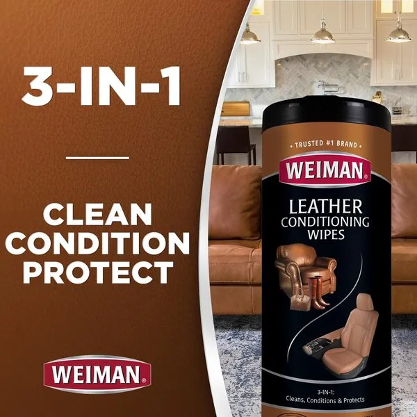 Weiman Leather Cleaner Wipes - 2 Pack with Microfiber Cloth - Clean Condition UV Protection Help Prevent Cracking or Fading of Leather Furniture, Car Interior, and Shoes