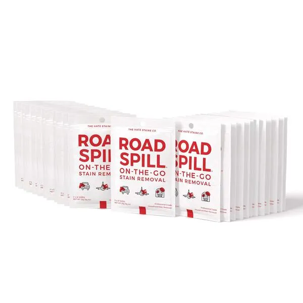 ROAD SPILL Stain Remover On The Go – 25 Wipes - Car Essentials - Travel Stain Remover Wipes for Car Seats, SUV Upholstery, Carpet, Fabric - Works on Fast Food Stains, Soda, Juice, Ink, Blood, Lipstick