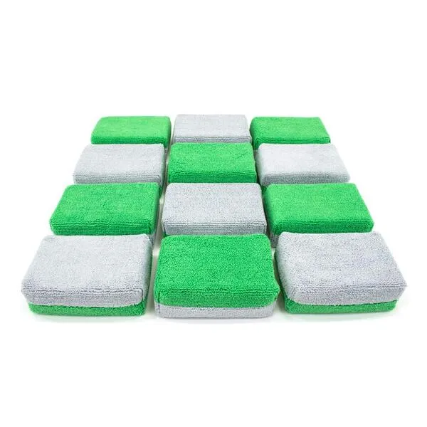 Autofiber Thick [Saver Applicator Terry] Ceramic Coating Applicator Sponge | 12 Pack | with Plastic Barrier to Reduce Product Waste. (Green/Gray)