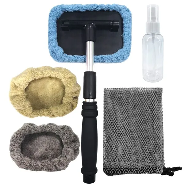 POLYTE Pivoting Windshield Glass Cleaning Tool Extendable Aluminum Handle w/3 Premium Microfiber Covers