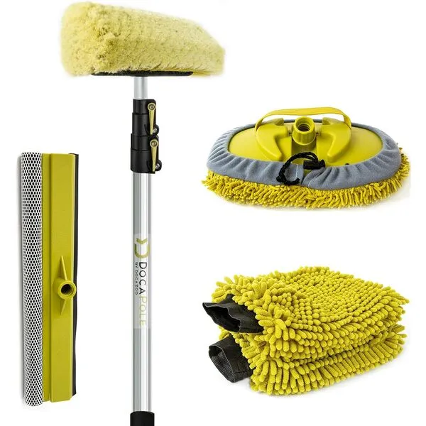 DOCAZOO Cleaning Kit - Car Wash Kit with Soft Car Wash Brush, Car Squeegee, Car Wash Mitt (2X), Microfiber Cleaning Head - 5-12 Foot DocaPole Extendable Telescoping Extension Pole Included