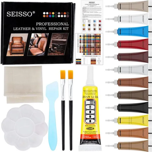 12 Colors Leather Vinyl Repair Kit, With Glue and Backing Fabric, For Couch Furniture Car Seat, Repair Tear Scratch, Non-Toxic Leather Repair Paint Gel, Provide Color Matching Guide and Instructions
