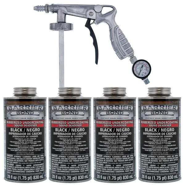 Custom Shop Barrier Bond Black Rubberized Undercoating Sound Deadener Kit with 4 Quart Cans & Spray Applicator Gun Included with Kit