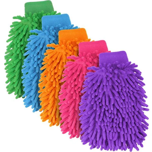 BBTO 5 Pieces Car Wash Mitts Chenille Microfiber Wash Mittens Double Sided Scratch-Free Wash Mitt (5 Colors)