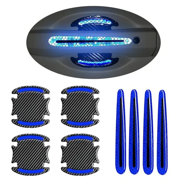 LANZMYAN Car Door Handle Protector Reflective Sticker Universal Auto Carbon Fiber Door Handle Anti Scratch Cover Guard 8PCS Blue