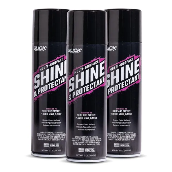 Slick Products Shine & Protectant, Long-Lasting High-Gloss Clear Coat Spray, Renew, Shine, and Protect Plastic, Vinyl, Rubber, Trim, and more (3 Pack)