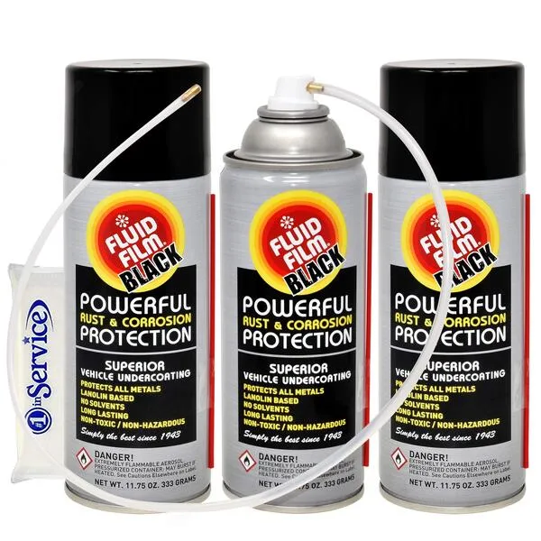 Fluid Film 12 Oz Undercoating Protection Aerosol Spray Can Black 3 Pack, Rust Inhibitor and Prevention, Anti Corrosion Multi Purpose Penetrant and Lubricant, Spray Can Extension Wand and Tissue Pack