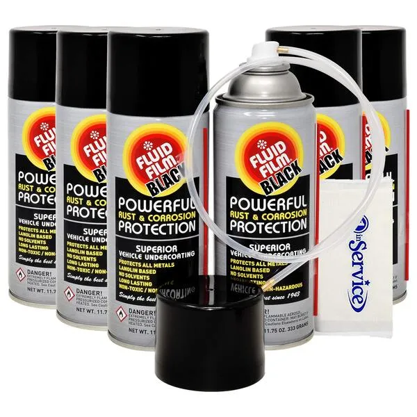 Fluid Film 11.75 Oz Undercoating Protection Aerosol Spray Can Black 6 Pack, Rust Inhibitor and Prevention, Anti Corrosion and Lubricant, Spray Can Extension Wand and Tissue Pack