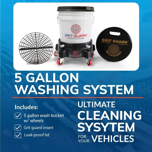 Grit Guard 5 Gallon Washing System | Includes 5 Gallon Bucket, Grit Guard, Bucket Dolly, and Gamma Seal Lid | for Car Wash and Detailing | Black