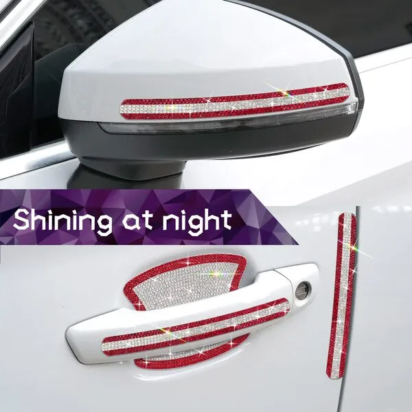 Gengki 10PCS Set Car Door Handle Bling Rhinestones Stickers Universal Auto Door Handle Safety Reflective Strips Red White
