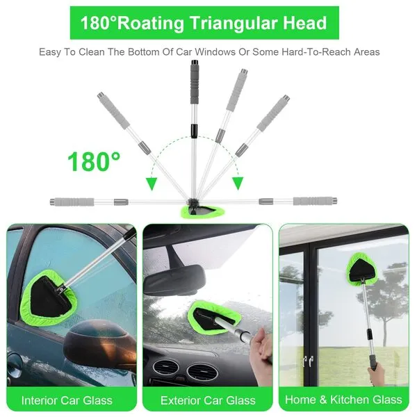 XINDELL Car Window Cleaner – 24-Inch Extendable Windshield Cleaner Tool Kit with Spray Bottle and 4 Reusable Microfiber Bonnets, Windshield Cleaning Set for Interior and Exterior Auto Glass Cleaning