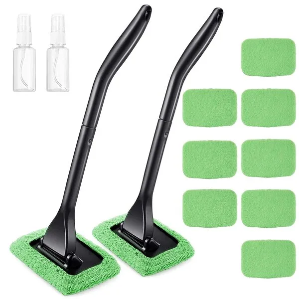 2 Pack Windshield Cleaning Tool Windshield Cleaning Wand Auto Window Cleaner with Detachable Handle, 8 Pieces Reusable Cloth Pads and 2 Pieces Spray Bottles for Car Interior (Green)