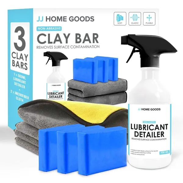 JJ Care Clay Bar Kit - Includes 3 Car Clay Bars for Auto Detailing (3x100g) + 16.9 fl. oz Clay Bar Lubricant + 2 Microfiber Cloths for Scratch-Free Finishing, Essential Clay Bar Kit for Car Detailing