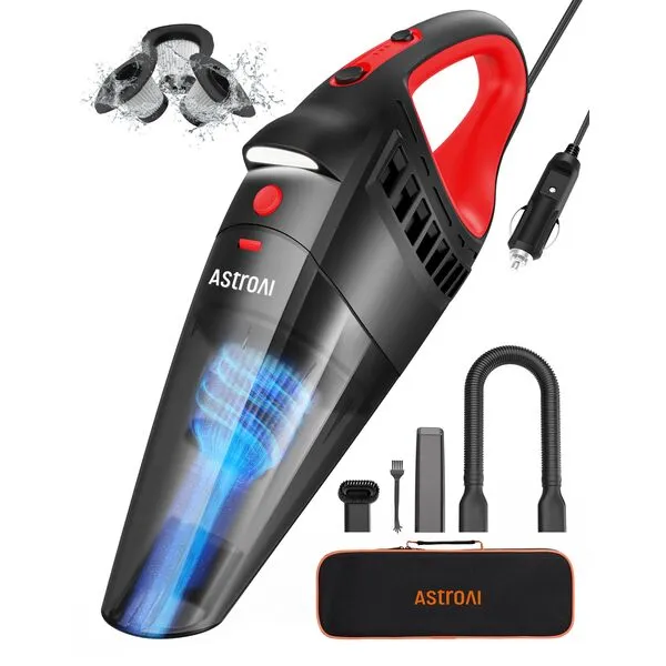 AstroAI Car Vacuum, Car Accessories, Portable Handheld Vacuum Cleaner with 12V DC Power,16.4 Ft Cigarette Lighter Cord,LED Light,Car Cleaning Kit with 3 Filters for Quick Cleaning(Red)