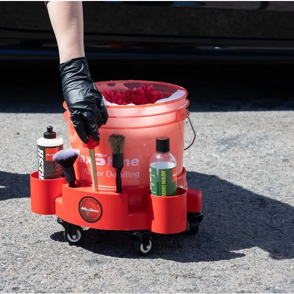Maxshine 5 Gallon Rolling Bucket Dolly – Heavy-Duty with 5 Wheels, 2 Locking Casters, Organizer for Detailing Cleaning Compounds & Detailing Brushes - Detailing Accessory & Supplies - Red