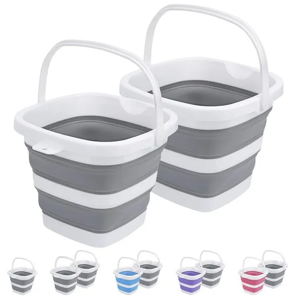 2 Pack Collapsible Buckets 5L 1.3Gallon Small Cleaning Bucket for Household Portable Plastic Bucket Outdoor Car Washing Tub Foldable Camping Beach Sand Water Pot Pail Space Saving Square Grey