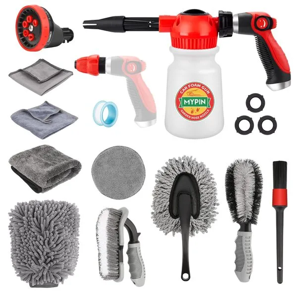 Car Wash Foam Gun Set, Foam Cannon, Adjustable Hose Wash Sprayer with 2.5 to 6 Bars Foam Blaster, with Nozzles, Wash Mitten, Suitable for Car Cleaning and Garden Use with 1/2” Quick Connector