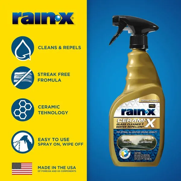 Rain-X 630177SRP Cerami-X Glass Cleaner + Water Repellent, 23oz - Improved Haze-Free Formula for Enhanced Streak Free Clarity, Driving Visibility and Lasting Repellency