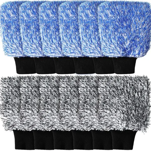 Riakrum 12 Pcs Car Wash Mitts Microfiber Car Wash Mitt Scratch Free Ultra Absorbent Microfiber Wash Sponge Cloths for Cars, Trucks and Boats Large Glove (Black and White,Blue and White)