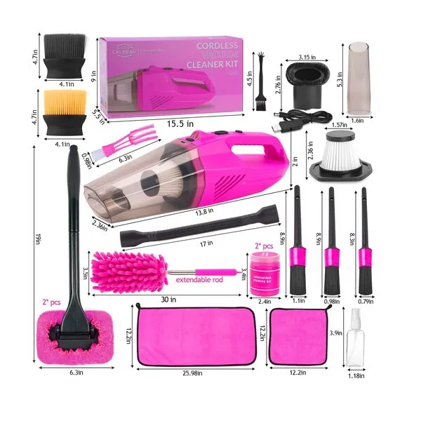 CALBEAU Car Interior Detailing Kit with Car Vacuum Cordless Rechargeable, 8000 PA Suction Portable Vacuum Cleaner with 15PCS Car Cleaning Kit, Pink Car Accessories for Women Gift