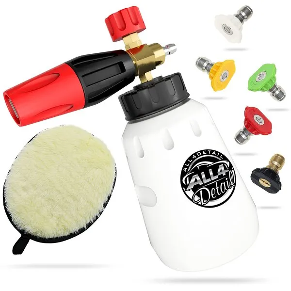 ALL4DETAIL Foam Cannon, Heavy Duty Car Foam Blaster Wide Mouth Adjustable Snow Foam Lance with 1/4’’ Quick Connector, 1 Liter - 5 Pressure Washer Nozzle Tips - Car Washing Glove for Car Wash