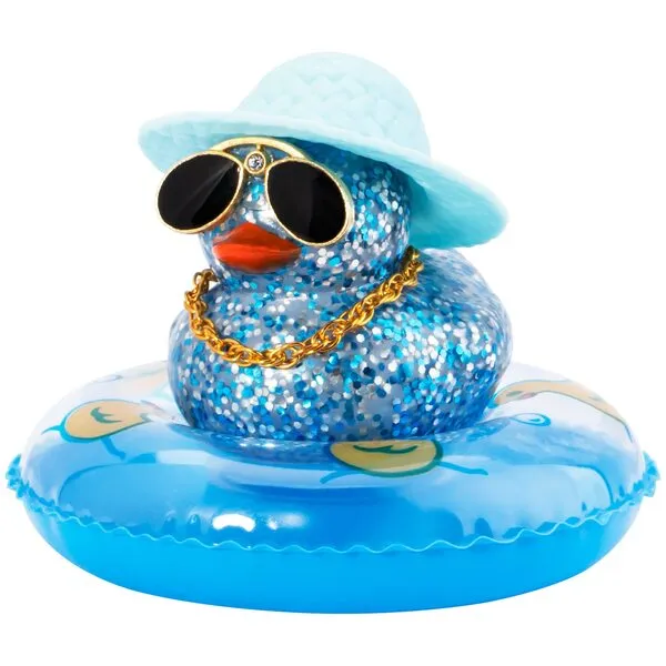 wonuu Car Duck Ornament Dashboard Decorations Rubber Duck Car for Car Dashboard Accessories with Swim Ring Sunglasses Hat and Necklace, B_Blue&Blue