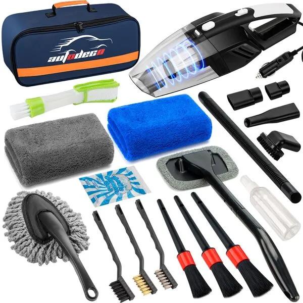 AUTODECO 20Pcs Car Cleaning Wash Kit Interior Detailing Cleaner Kit with High Power Handheld Vacuum, Brush Set, Windshield Tool, Gel, Duster, Towels, Complete Car Care Tools, Blue