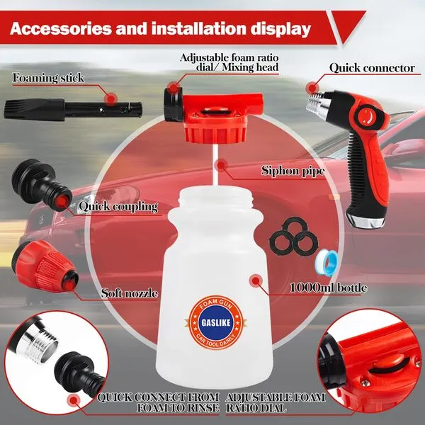 56Pcs Car Wash Cleaning Kit with Foam Gun, Car Wash Brush with Long Handle, Car Detailing Kit, Car Wheel Brush for Car Cleaning Supplies, Adjustable Hose Wash Sprayer-Quick Connector to Any Hose
