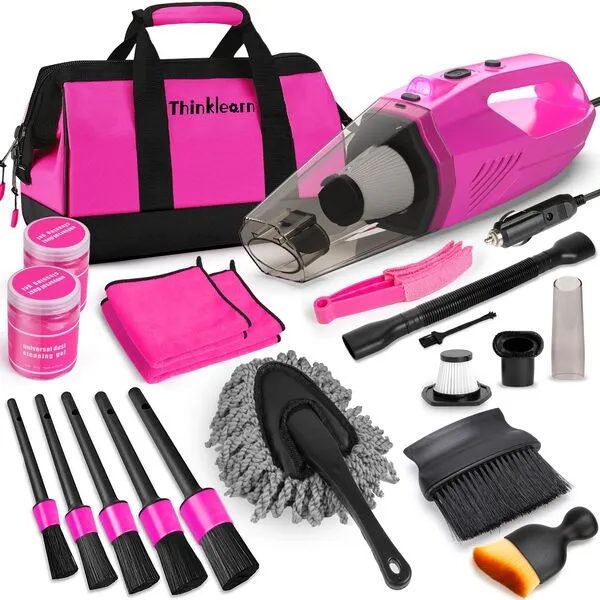 ThinkLearn Car Vacuum Detailing Kit, Interior Car Cleaning Kit with High Power Handheld Vacuum and 7Pcs Detailing Brush Set, Well-Designed Women\'s Pink Car Accessories Bag