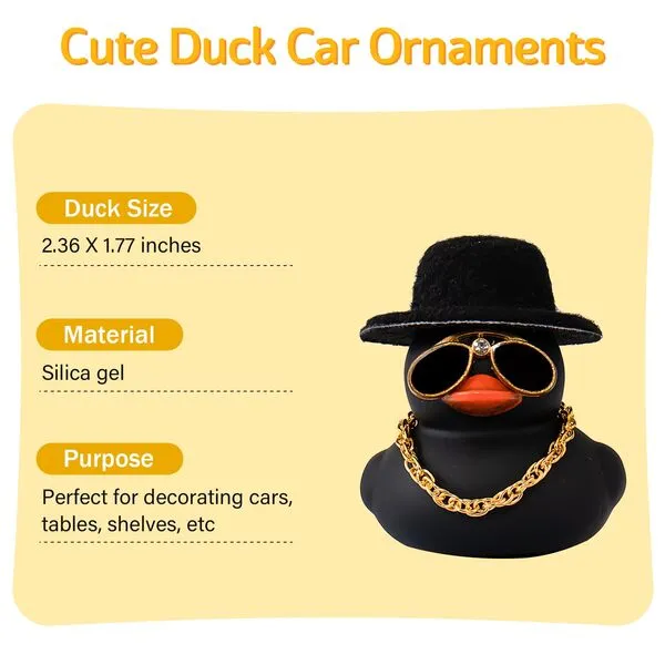 wonuu Car Dashboard Rubber Duck Ornament, Car Decoration Colour Ducks Accessories with Mini Hat Necklace and Sunglasses, M-Black-Top Hat